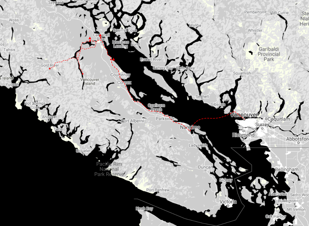 Route for the 4-day trip to Vancouver Island