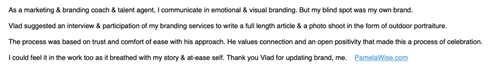 Text excerpt discussing branding coaching, emotional storytelling, Vlas's branding services, trust-based process, and a photo shoot, ending with a thank you to Vlad and a website link PamelaWise.com.