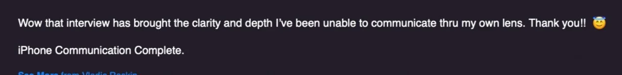 Screenshot of a message about successful iPhone communication and gratitude for clarity and depth in an interview.