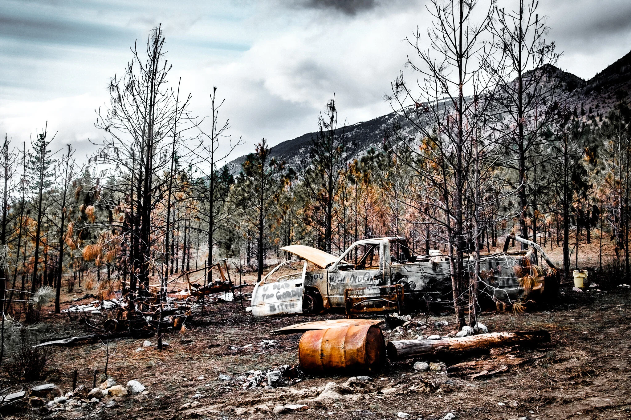 Abandoned and destroyed truck in the Canadian wilderness