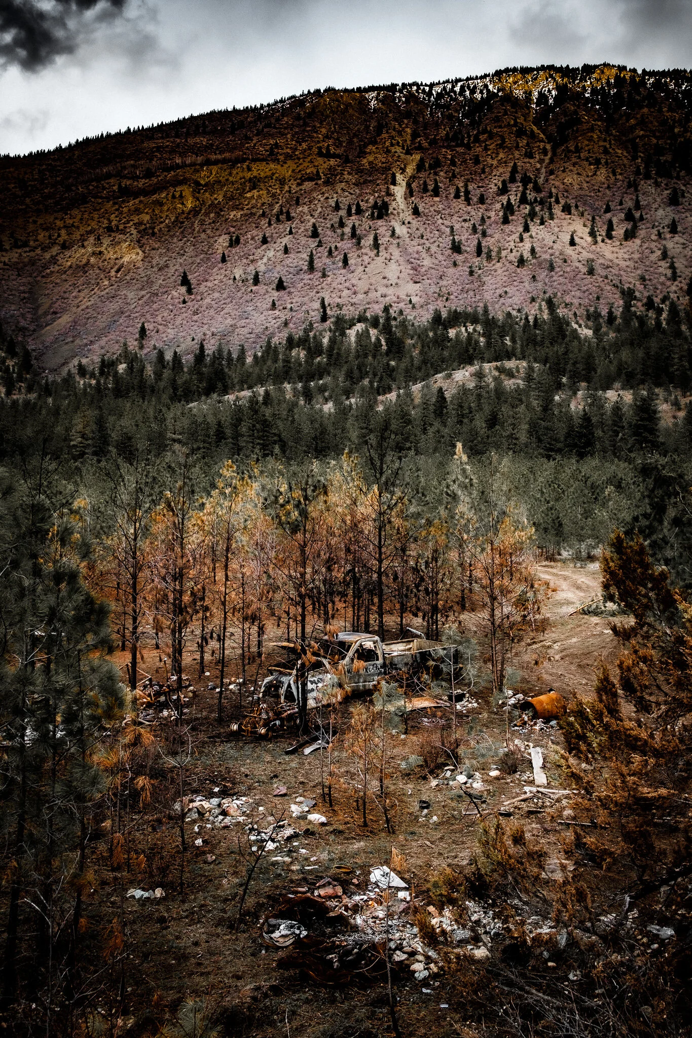 Abandoned and burned down truck in the Canadian wilderness