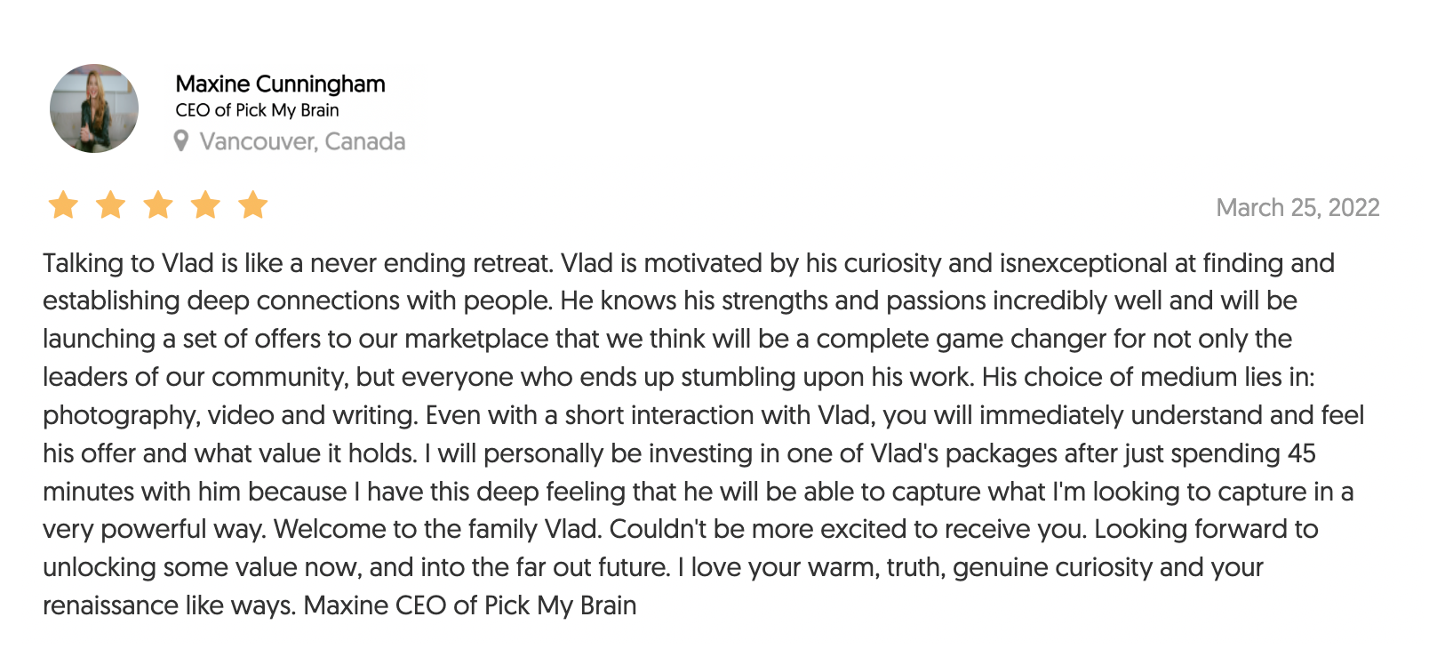 LinkedIn profile of Maxine Cunningham, CEO of Pick My Brain, with a five-star rating and a detailed endorsement.