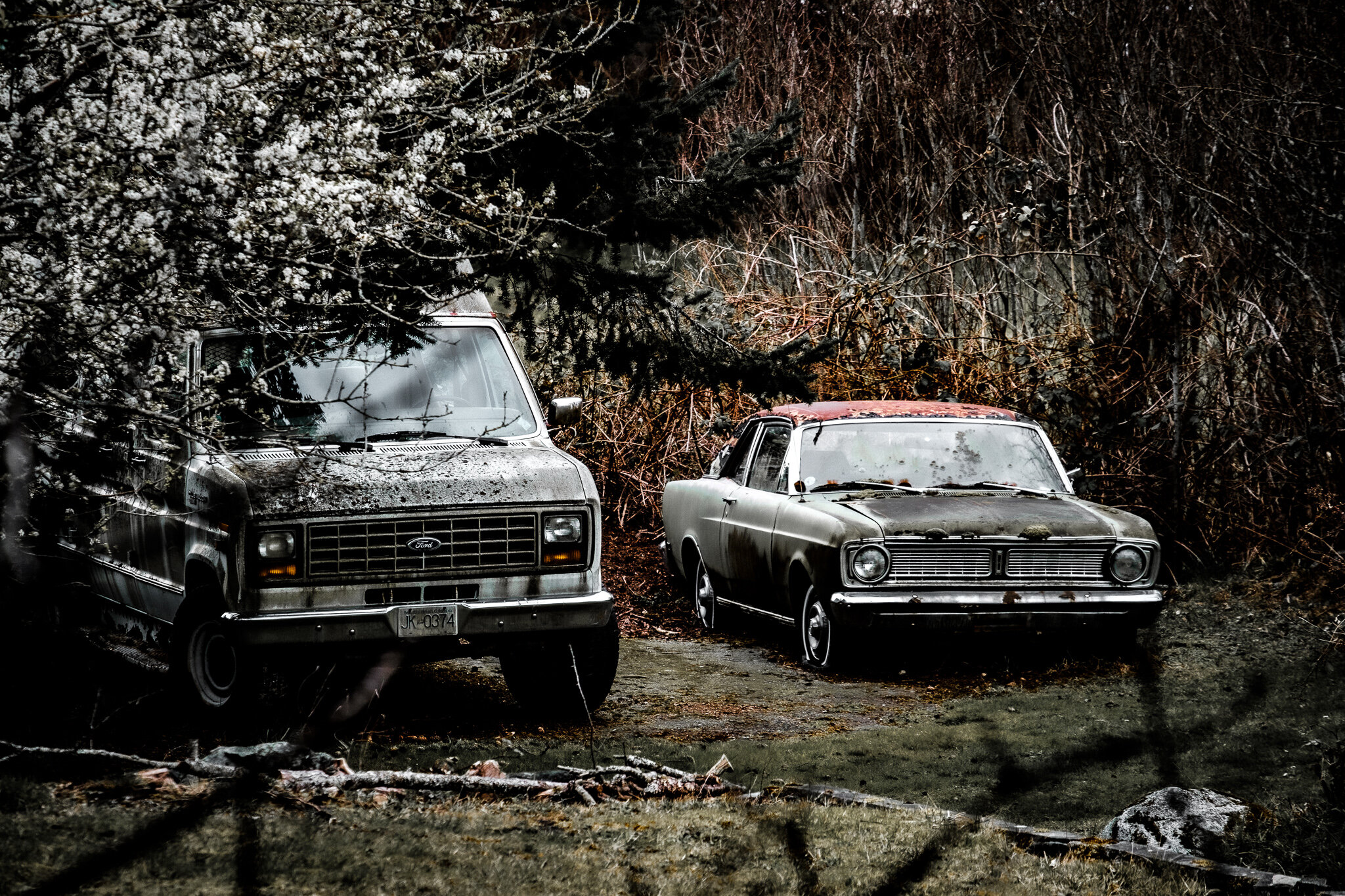 Abandoned van and car