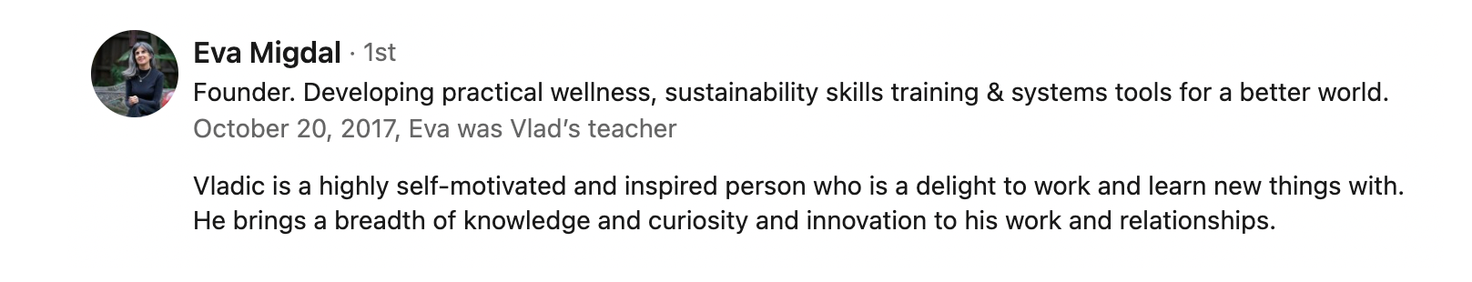A LinkedIn profile snippet for Eva Migdal, a founder specializing in wellness, sustainability, and training systems, with a profile picture of a woman wearing a dark top, standing outdoors.
