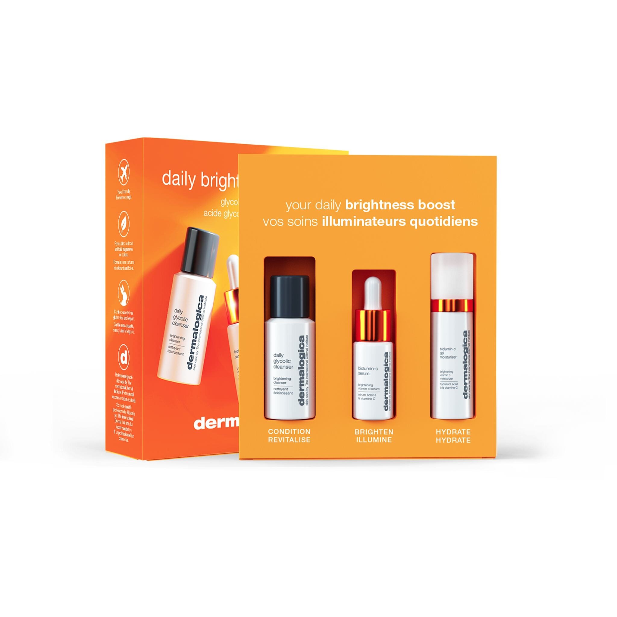 Dermalogica Daily Brightness Boosters Kit 🥰

This kit from Dermalogica will help Brighten, Condition and Hydrate your skin for a radiance boost.
Includes Daily Glycolic Cleanser, Biolumin-C Serum and Biolumin-C Moisturizer.
These products are the pe