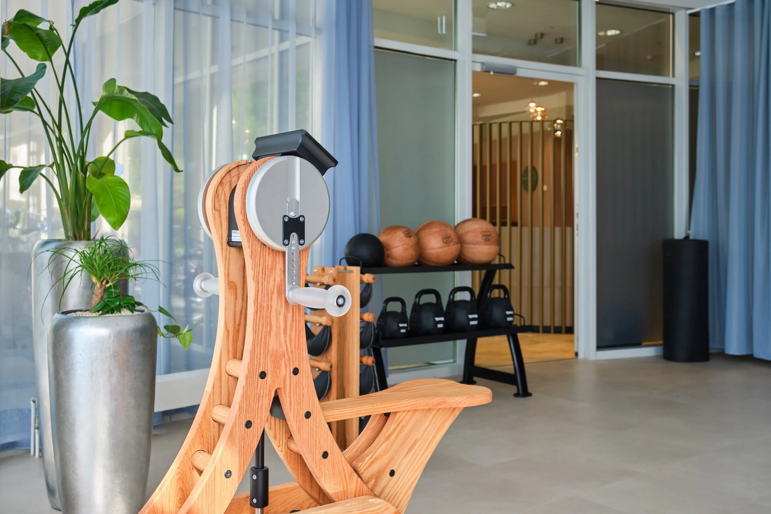 Ein grüner Pflanze in einem großen Topf, ein Fitnessgerät aus Holz und Metall, sowie einige Gymnastikbälle und Hanteln im Fitnessraum mit großen Fenstern und Vorhängen.