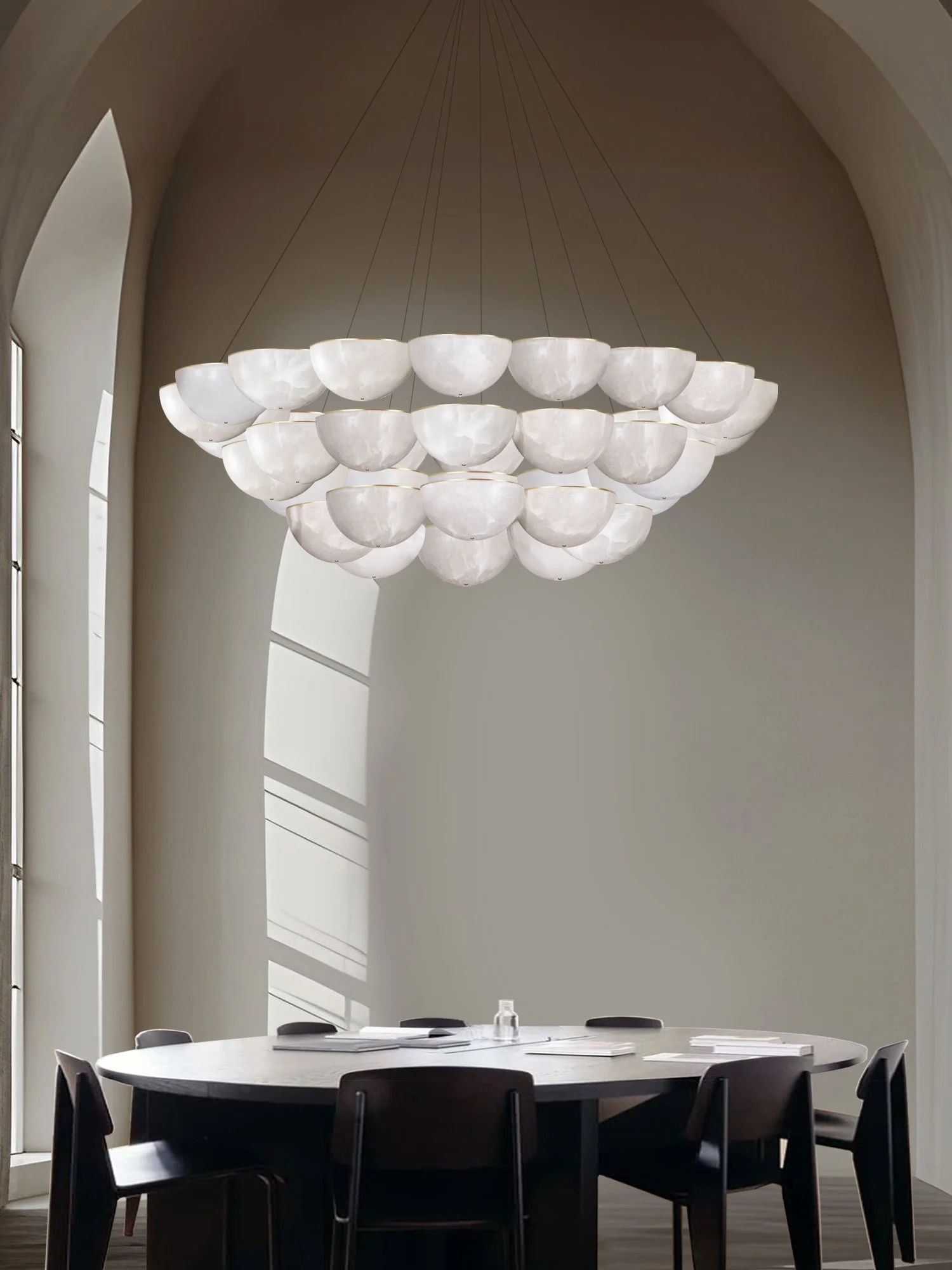 Marc Wood, Hemisphere Circular Chandelier 3 Tier, Alabaster Brass 2.jpg