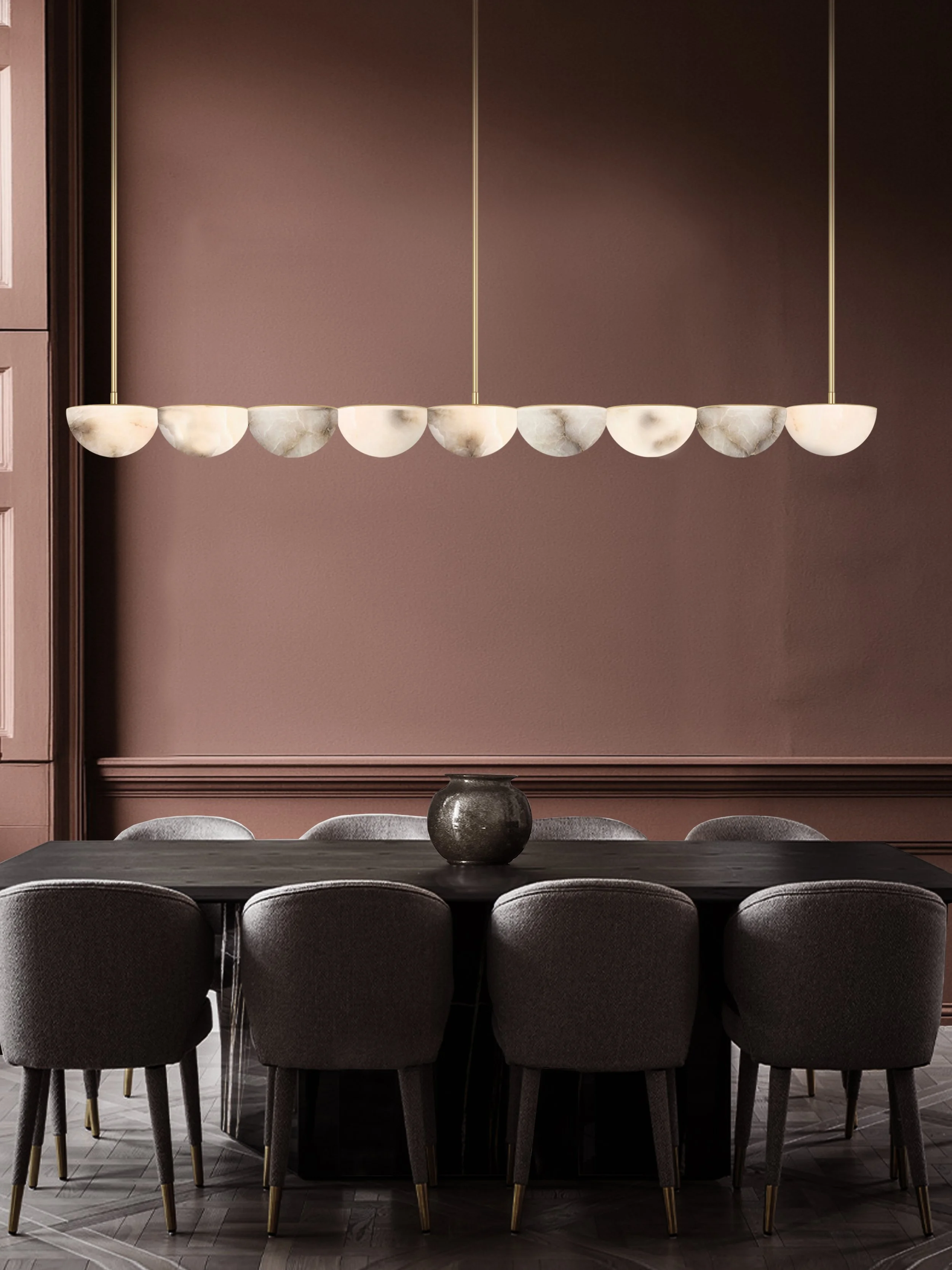 Marc Wood, Hemisphere linear large chandelier, brass alabaster, lifestyle 44.jpg