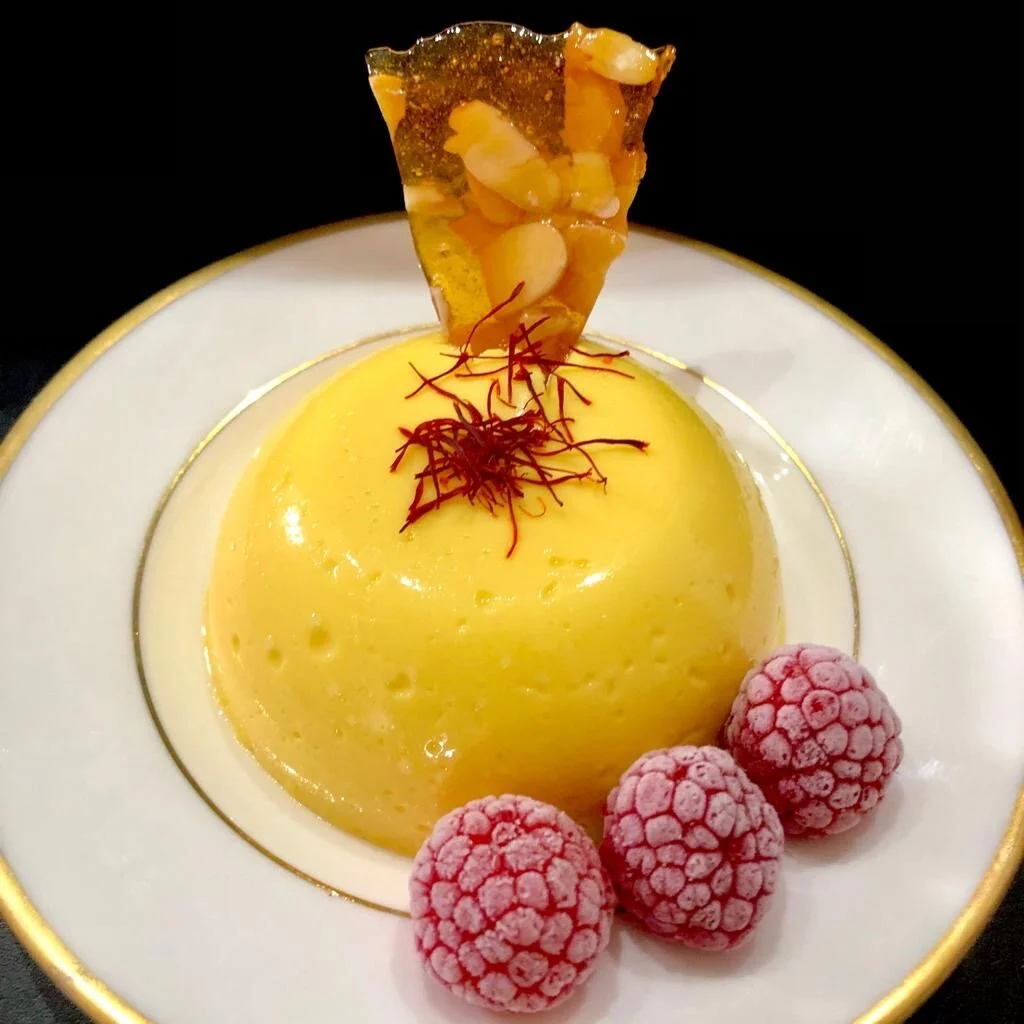 Saffron Panna cotta with Almond Praline Shard — Little Italian Cucina