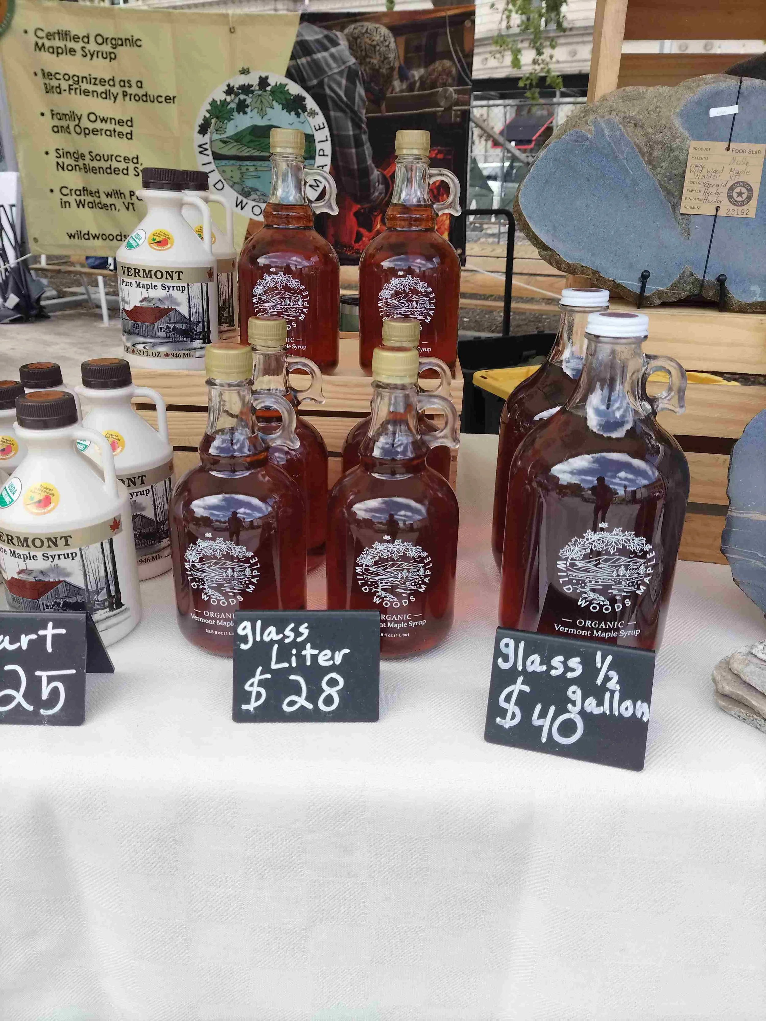 Award winning, high quality certified organic maple syrup made in VT in a glass liter sized bottle.
