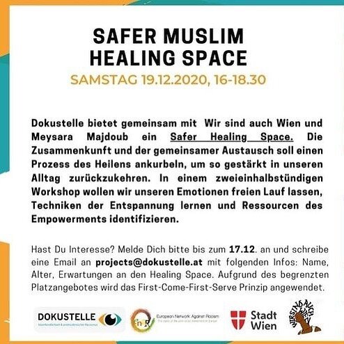 Diesen Samstag halten wir gemeinsam mit @dokustelle  und @meysayshey einen Safer Muslim Healing Space. Leitet es gerne an Freund:innen weiter. Die Anmeldung ist bis zum 17.12. m&ouml;glich.❤️