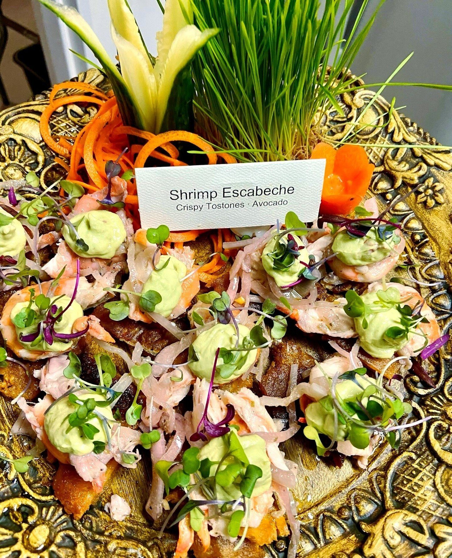 Shrimp Escabeche on a Crispy Tostone bed, topped with creamy Avocado. Delicious! 🥑