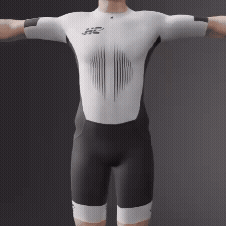 A person in a fitted set of athletic clothing with arms outstretched, standing against a dark background.
