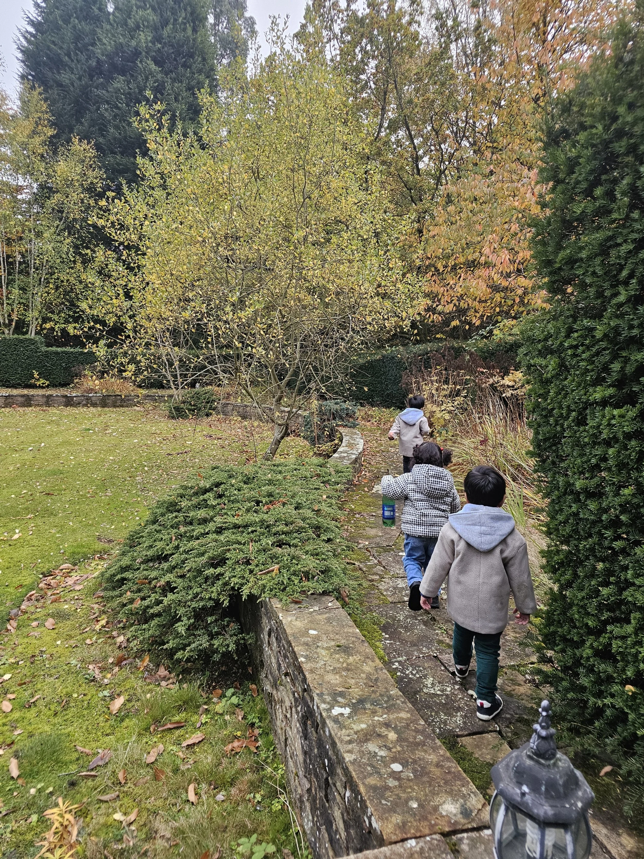 Toddlers walking in garden