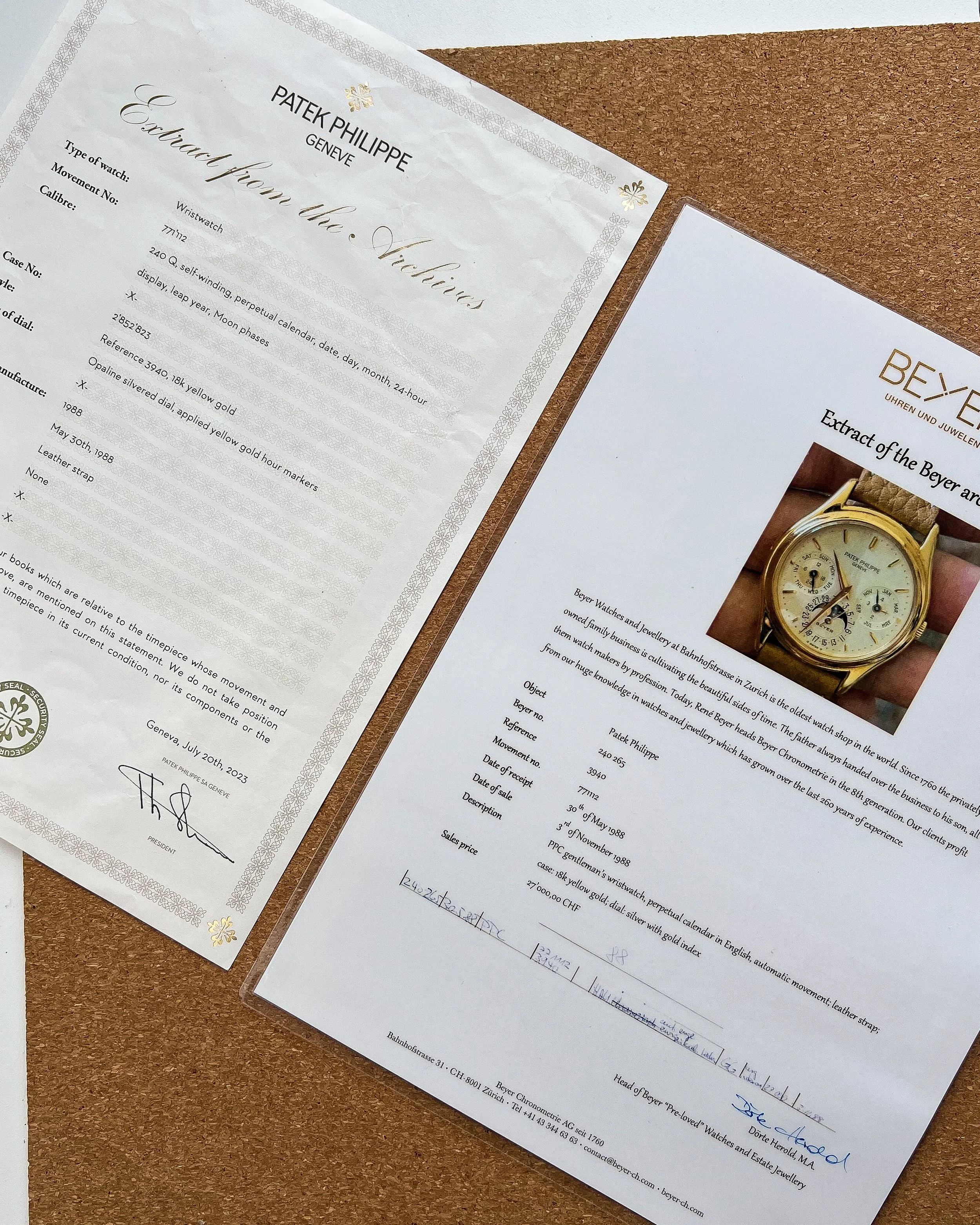 1988 Patek Philippe Perpetual Calendar 3940 Double Signed 'Beyer' w: Beyer and Patek Extracts 7.JPG