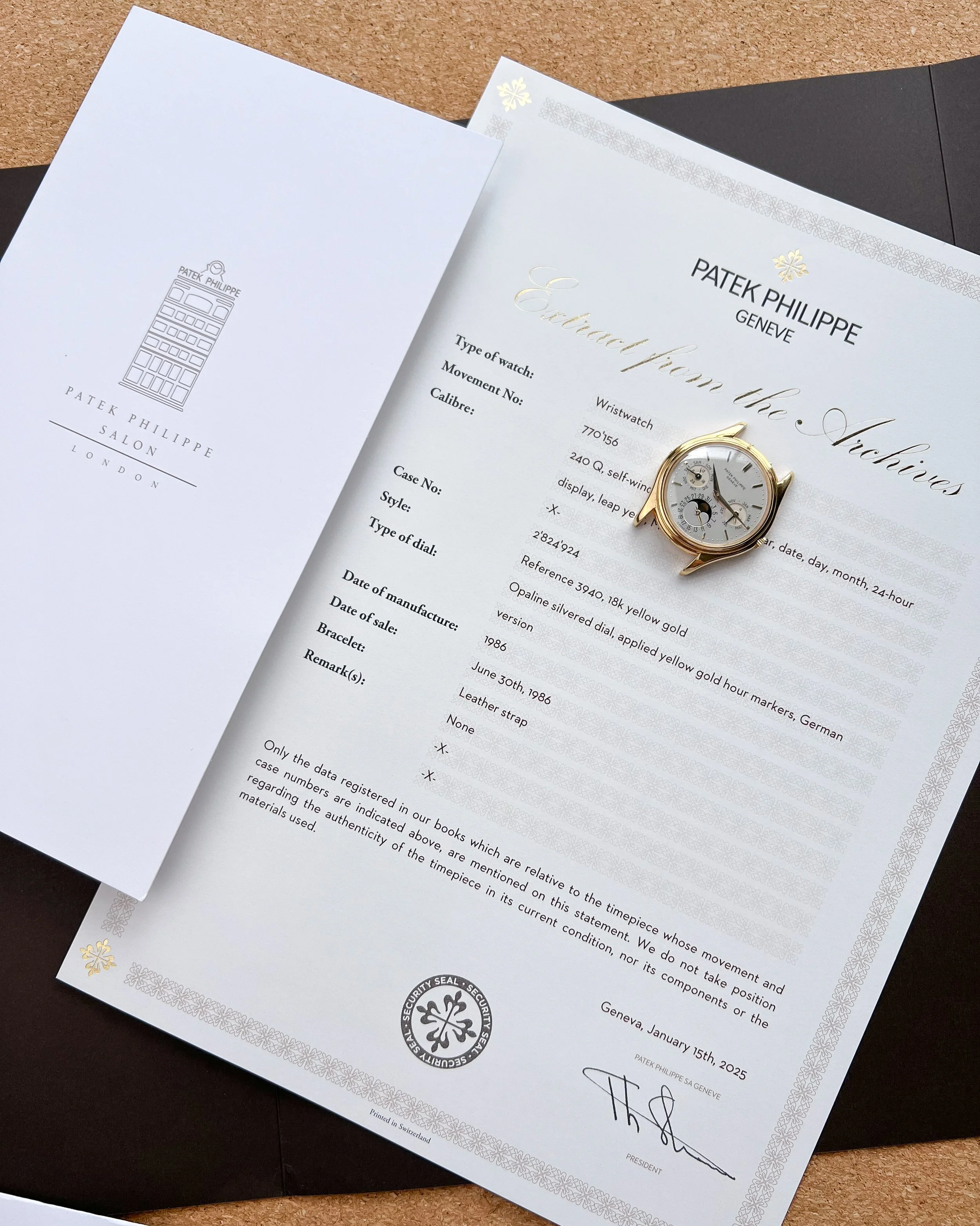 1986 Patek Philippe 3940 1st Series with 2025 Patek Service and Archive Extract 9.JPG