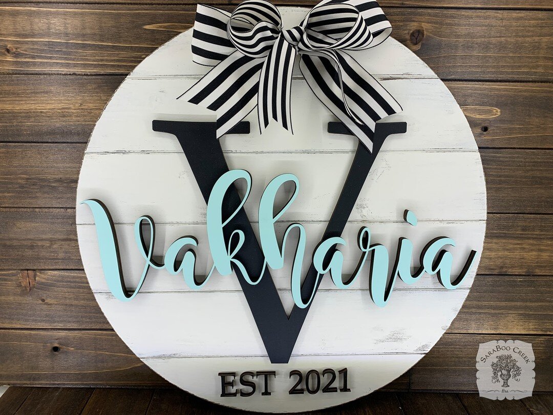 Here's another take on Friday's custom cut shown- the last name is written out with the EST. We can also do these with first names and no est for children rooms. #est #weddinggift #wedding #customcut #initial #homedecor #frontdoorsign #mantelsign #ha