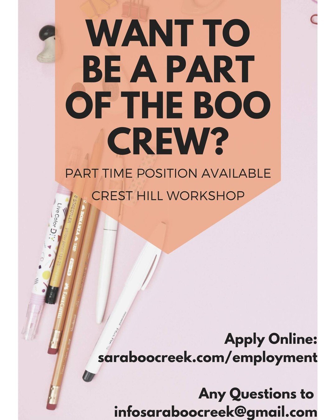 Want to be a part of the 'Boo Crew? 

We have a part time position open in our Crest Hill location involving receiving merchandise, processing web orders, some light production, and lots of all around being amazingly helpful!! Generally weekdays; som