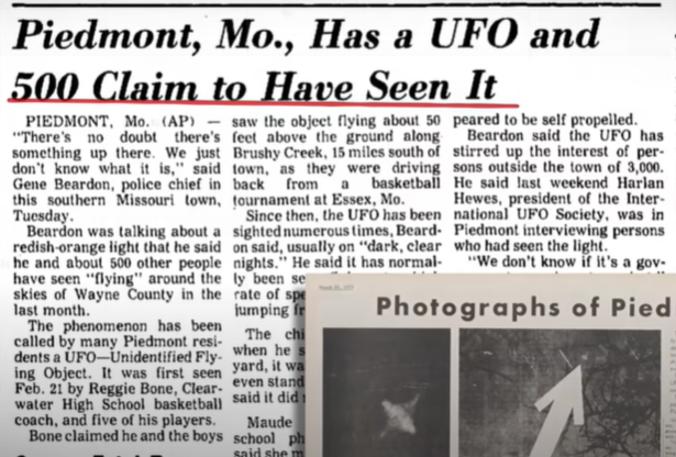 A newspaper article claiming 500 people saw a UFO/USO in Piedmont, MO