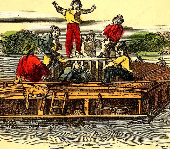 A vintage illustration of seven young children playing on a flatboat on a river, with some standing and others sitting, surrounded by trees and open landscape.