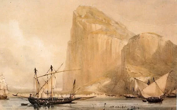  The Rock of Gibraltar's North Front showing the embrasures in the Rock, c. 1810, scanned from a postcard issued by LJ Stagnetto 