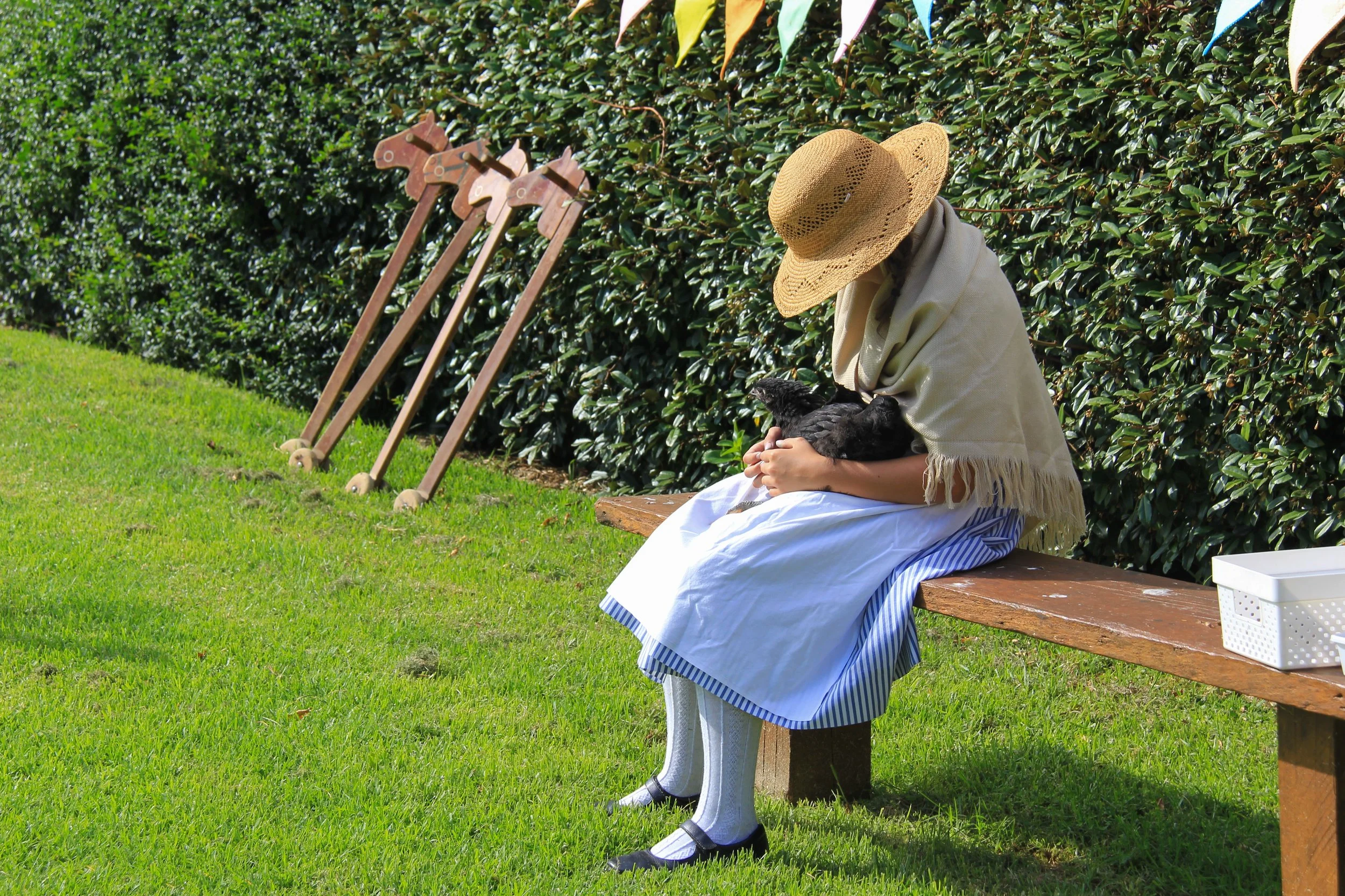 Person wearing a large straw hat, cream shawl, and striped blue dress sits on a wooden bench holding a black chicken on a green lawn.