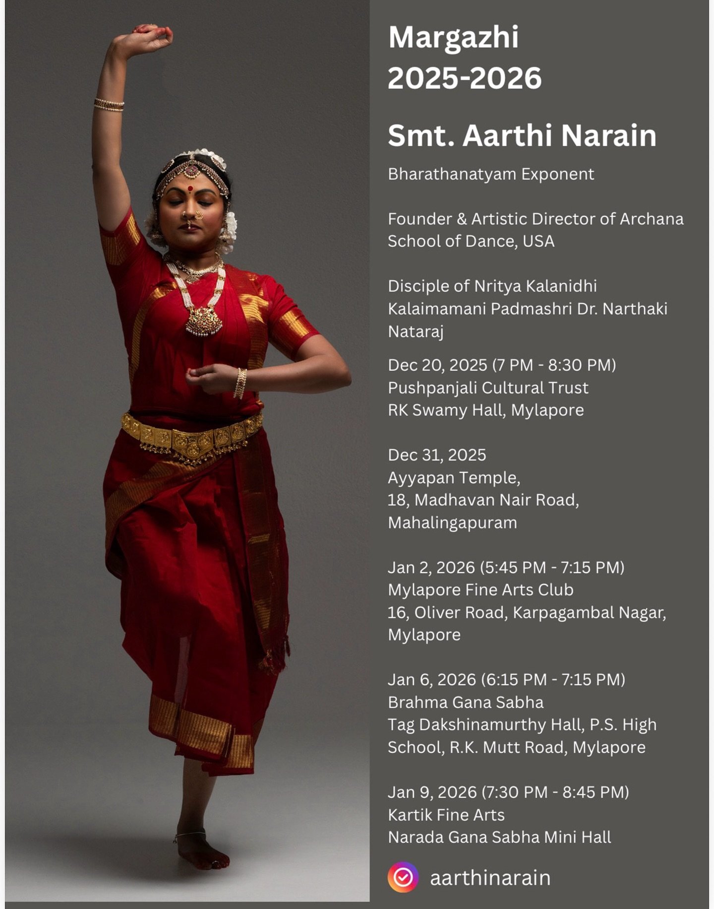 With great support from my family and blessings from my Guru Nritya Kalanidhi Padma Shri Dr. Narthaki Nataraj @narthakinataraj I would like to invite each and every one of you to my performances during the Margazhi season in Chennai this year 🙏🏽. I