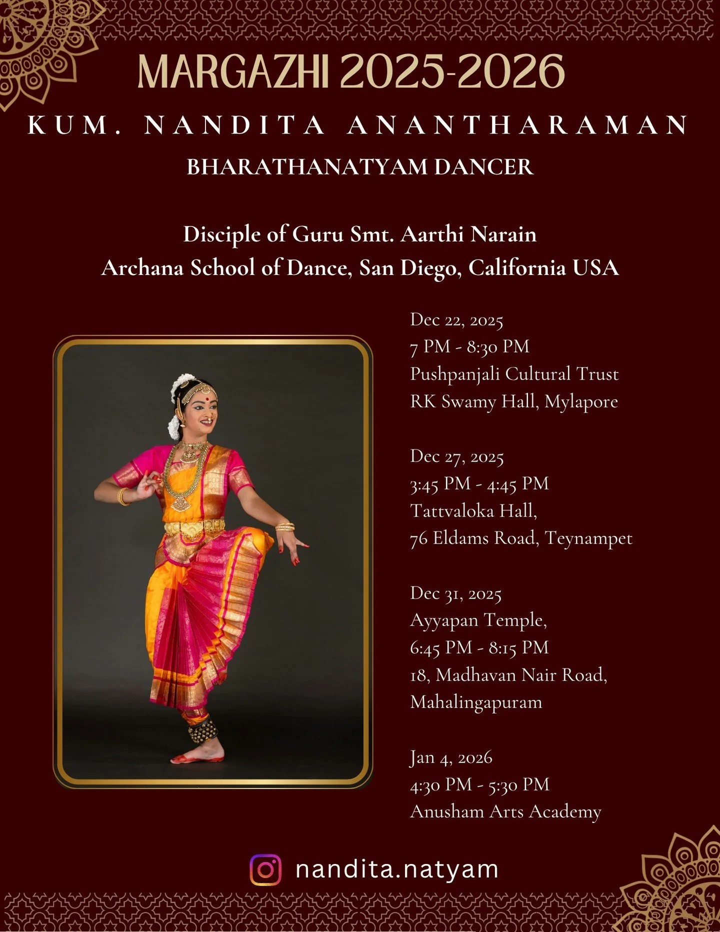Wanted to share that my student Nandita Anantharaman @nandita.natyam from Archana School of Dance @archanaschoolofdance will be performing in Chennai&rsquo;s Margazhi Season for the very first time this year! Watching her step onto this stage with de