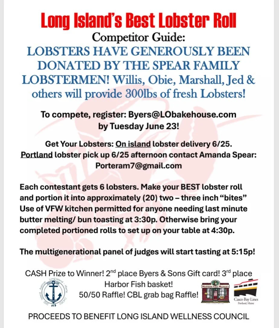 Do YOU have the best lobster roll on Long Island?! 
Come show it! Sign up by June 23! 
Tickets available @lobakehouse or at the door!

Proceeds benefit Long Island Wellness Council!

Thanks to our generous sponsors: YOUR LOCAL LOBSTERMEN:  @obiespear
