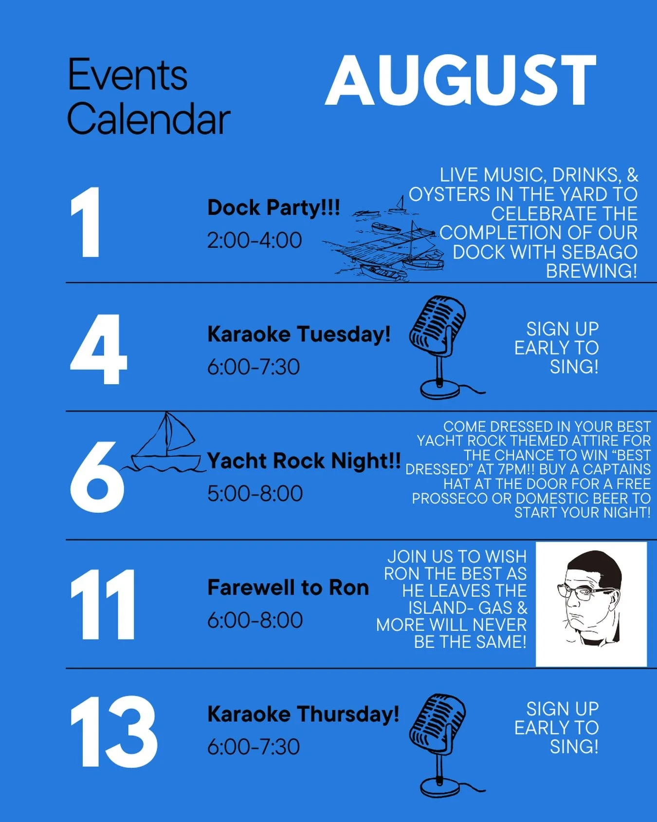 What a busy first half of the month!!! Plans to join us? Let us know down below!!! 👇 #cascobayislands #drafts #karaoke #party #yachtrock