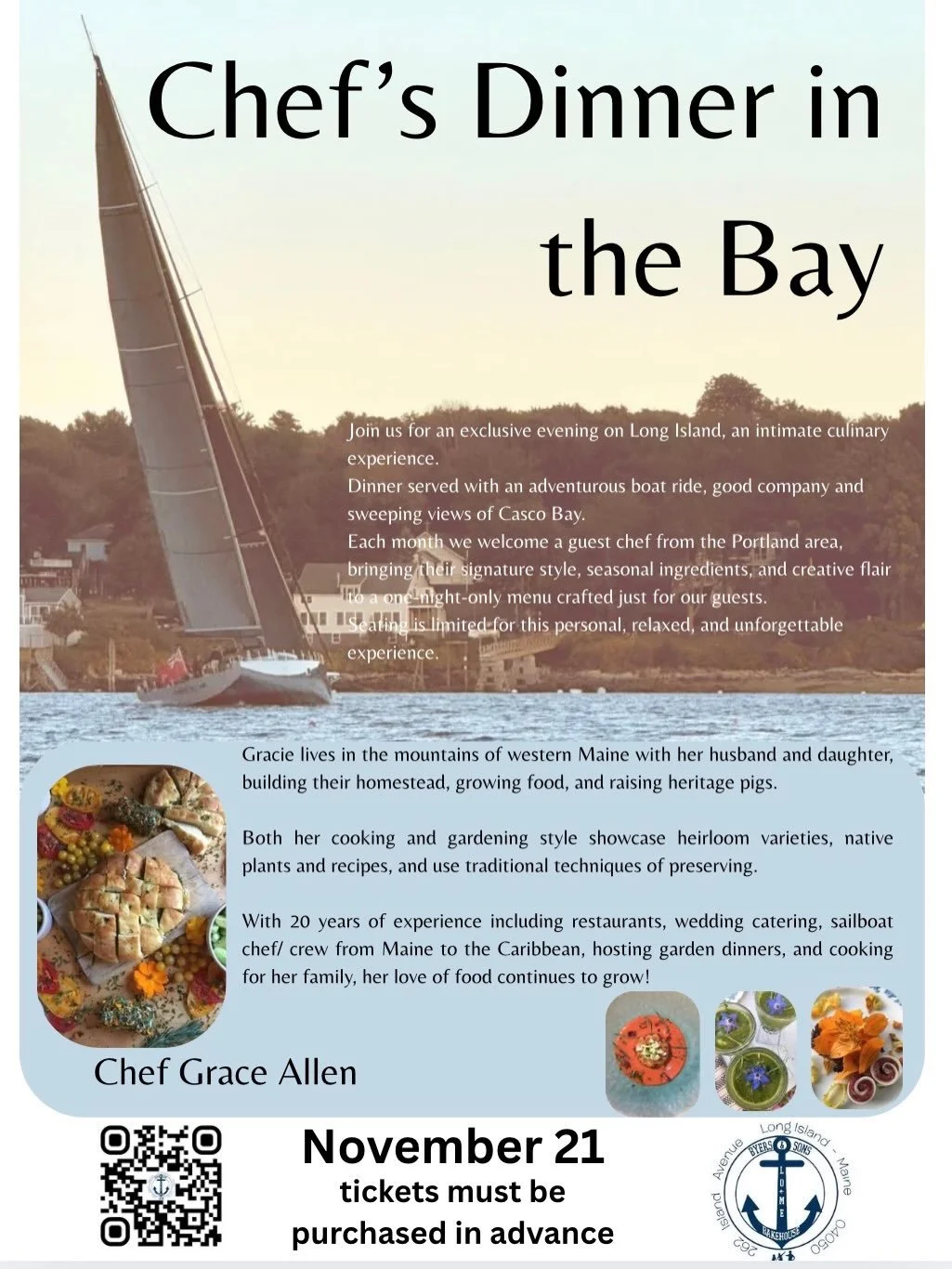 We invite you to dinner in the bay! Through the winter, one night a month, a guest chef will prepare an exclusive meal for our guests. Seats are limited, tickets must be purchased in advance. Logistical planning included! Water taxi or Ferry tickets 