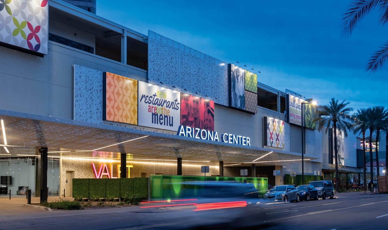 The renovated Arizona Center activates the surrounding streets with vibrant graphics, signage, landscape and lighting.