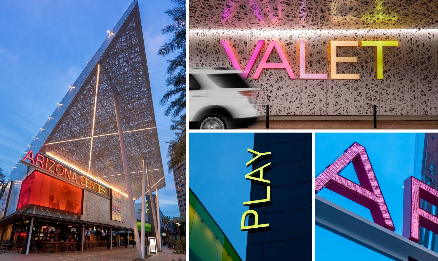 From vehicular to pedestrian scales, the renovated Arizona Center activates the surrounding streets and places with vibrant graphics, signage, landscape and lighting.
