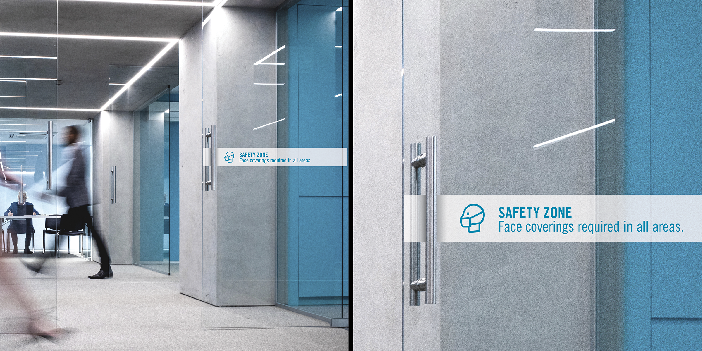 WORKPLACES. Within individual office spaces, companies can apply graphics to doors and walls to remind employees of new protocols, and to help teams demonstrate their respect and care for each other’s well-being.