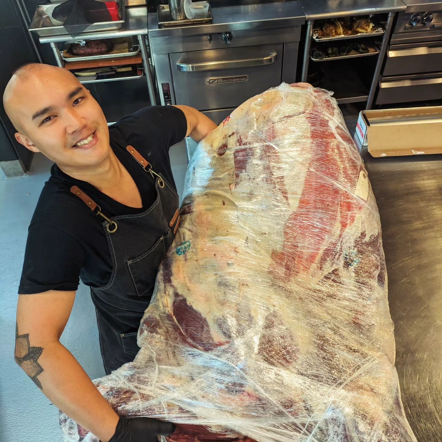 Caught a big one! 
Whole animal butchery is a sizeable endeavor, but it allows us to put meat on the menu in a more responsible way. ... And to hold feats of strength contests in the kitchen. 
.
.
.
#arlorestaurant #beef #wholeanimalbutchery #butcher