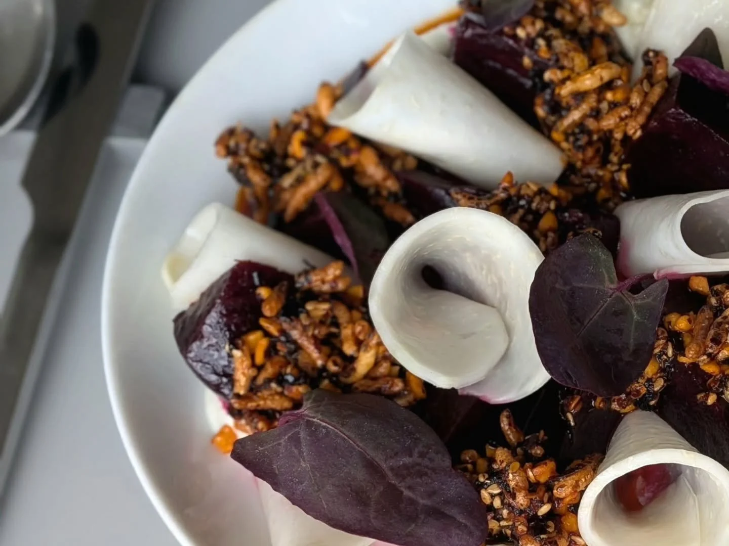 "...let me guide you to the purple rain"
Purpley hued smoked beet salad contrasting beautifully against crisp kohlrabi. Accompanied by lime labneh, wild rice, salsa macha, and red orach.
.
.
#arlorestaurant #slcrestaurants #eatlocal