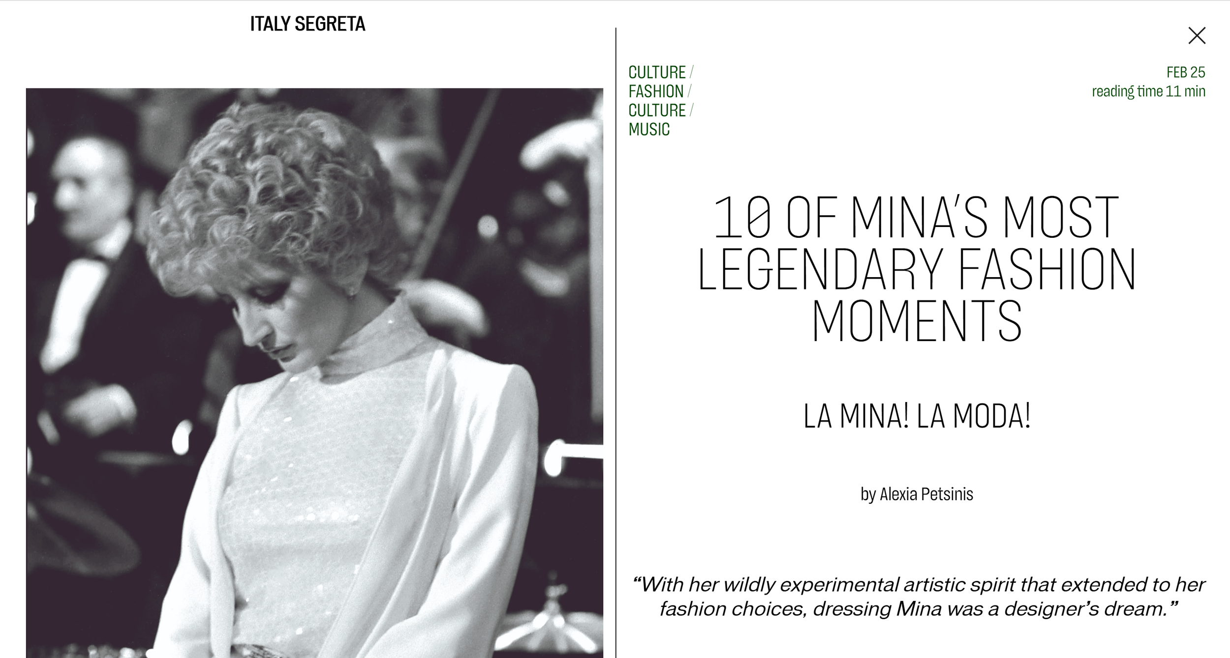 'Ten of Mina's Most Legendary Fashion Moments', ITALY SEGRETA (The Mina Issue), 2025