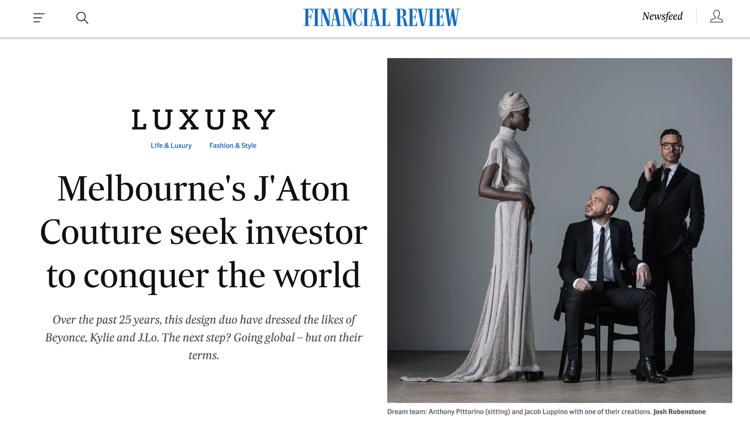 'Melbourne's J'Aton Couture seek investor to conquer the world' - LUXURY AFR (2019)