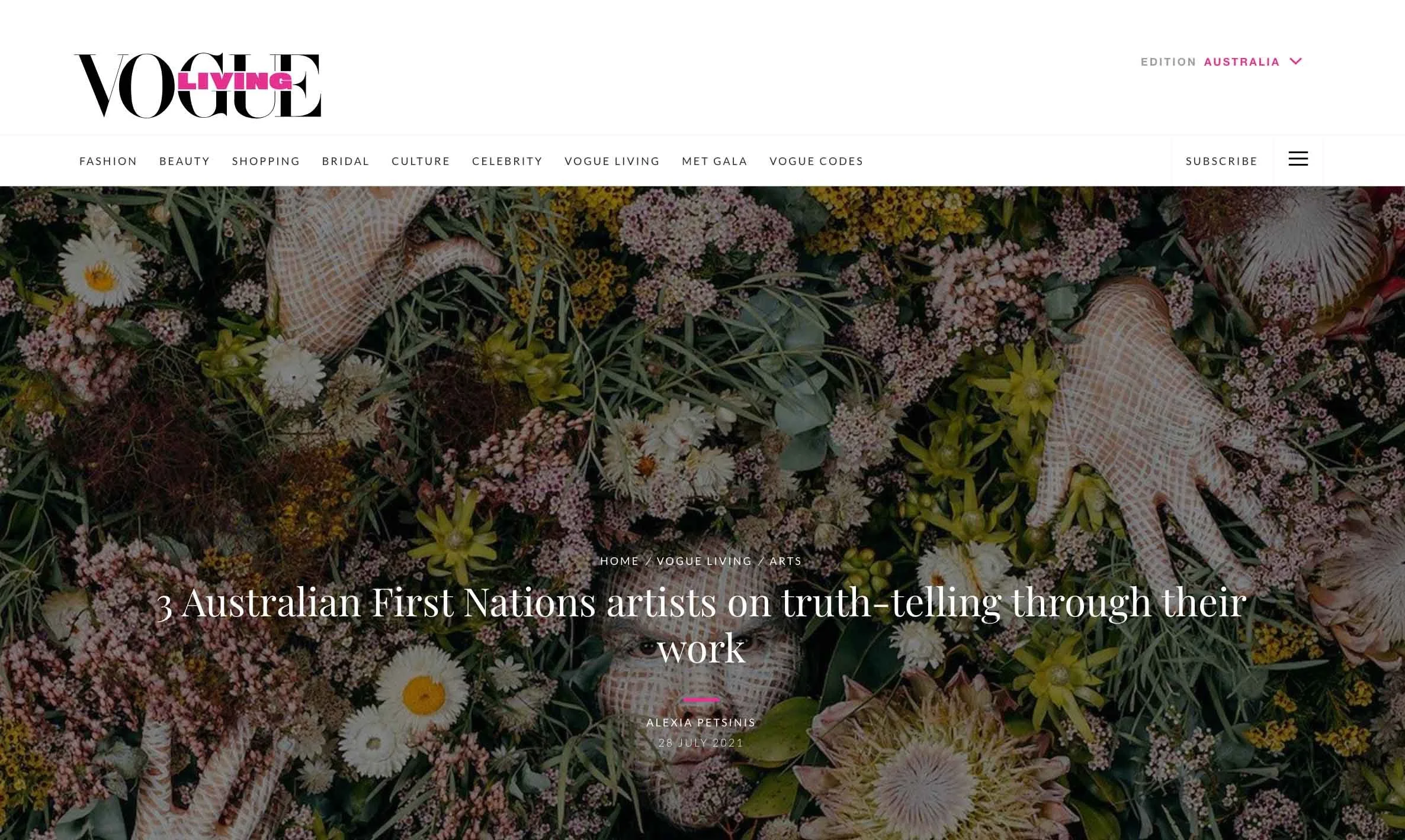 '3 Australian First Nations artists on truth-telling through their work' - VOGUE LIVING (2020)