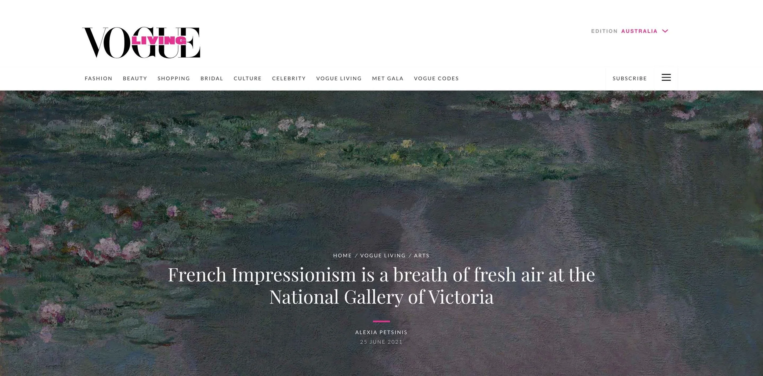'French Impressionism is a breath of fresh air at the National Gallery of Victoria' - VOGUE LIVING (2021)