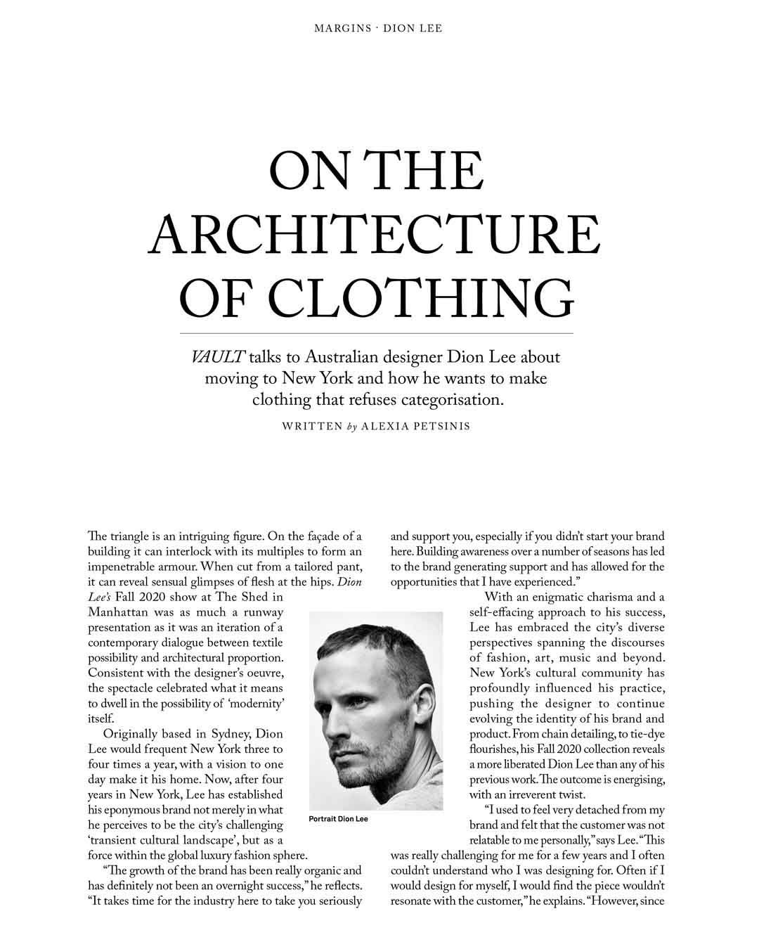'On the architecture of clothing' Dion Lee - VAULT ART MAGAZINE (Issue 30, 2020)
