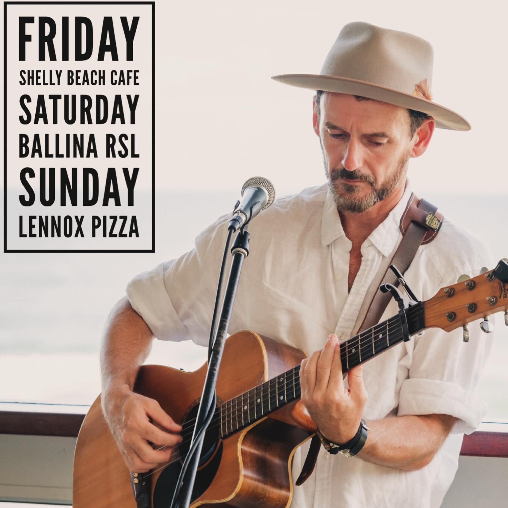 I&rsquo;m looking forward to another busy weekend of music around my beautiful home town #lennoxhead #ballina 🎼✨

Friday at @shellybeachcafe 🏖️
From 5:30pm

Saturday at @ballinarsl 🍻
From 7:00pm

Sunday at @lennoxpizza 🍕
From 4:00pm 

Hope to see