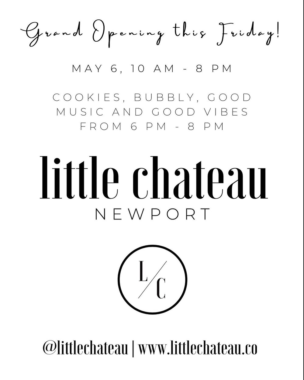 Please join us at our GRAND OPENING event this Friday, May 6 at 13 Touro Street in Newport, RI! Our doors will be open to the public at 10 am and later in the evening we will have a ~little chateau late night~ celebration with sweets, bubbly and alll