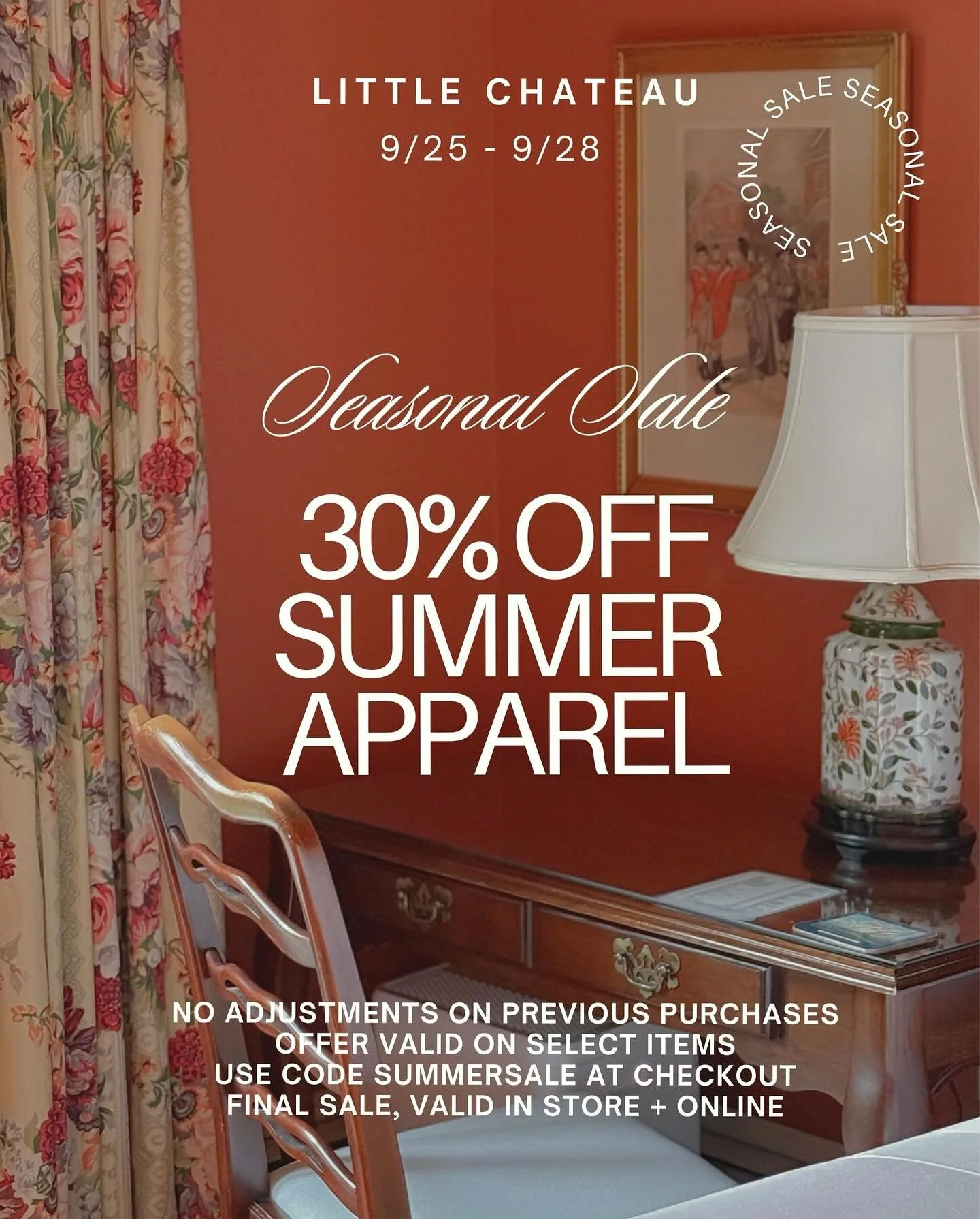 EARLY ACCESS: 30% OFF SUMMER APPAREL SALE! Over 70 items included in the sale ⭐️🪩✨ starts now, ends Sunday 9/28! Valid in store + online (use code SUMMERSALE) Select items, final sale, no adjustments &mdash; you know the deal 👊🏻👏🏻 from brands li