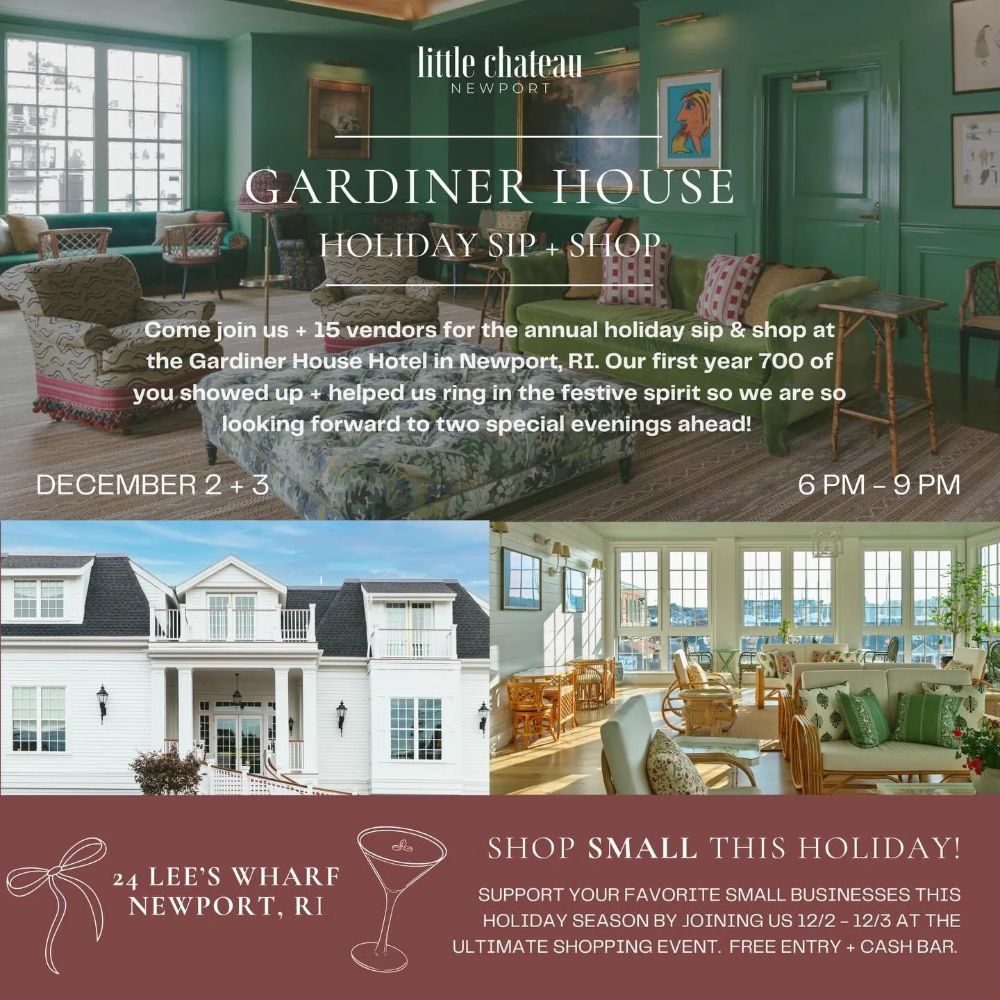 DECEMBER 2 + 3✨ come shop small with us + all of our favorite local businesses! The perfect place to get in the holiday spirit @gardinerhousenpt 🍸🌲6 pm - 9 pm in the chicest ballroom in Newport.