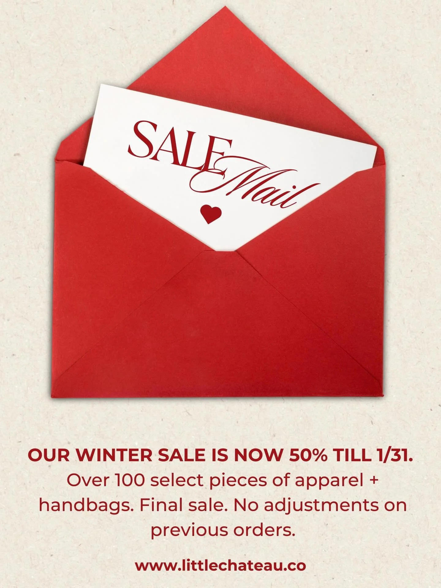 We never do this. 💌🫶🏻&hearts;️✨ 50% OFF over 100 select items! Now through 1/31 only. Shop now! Final sale + no adjustments.