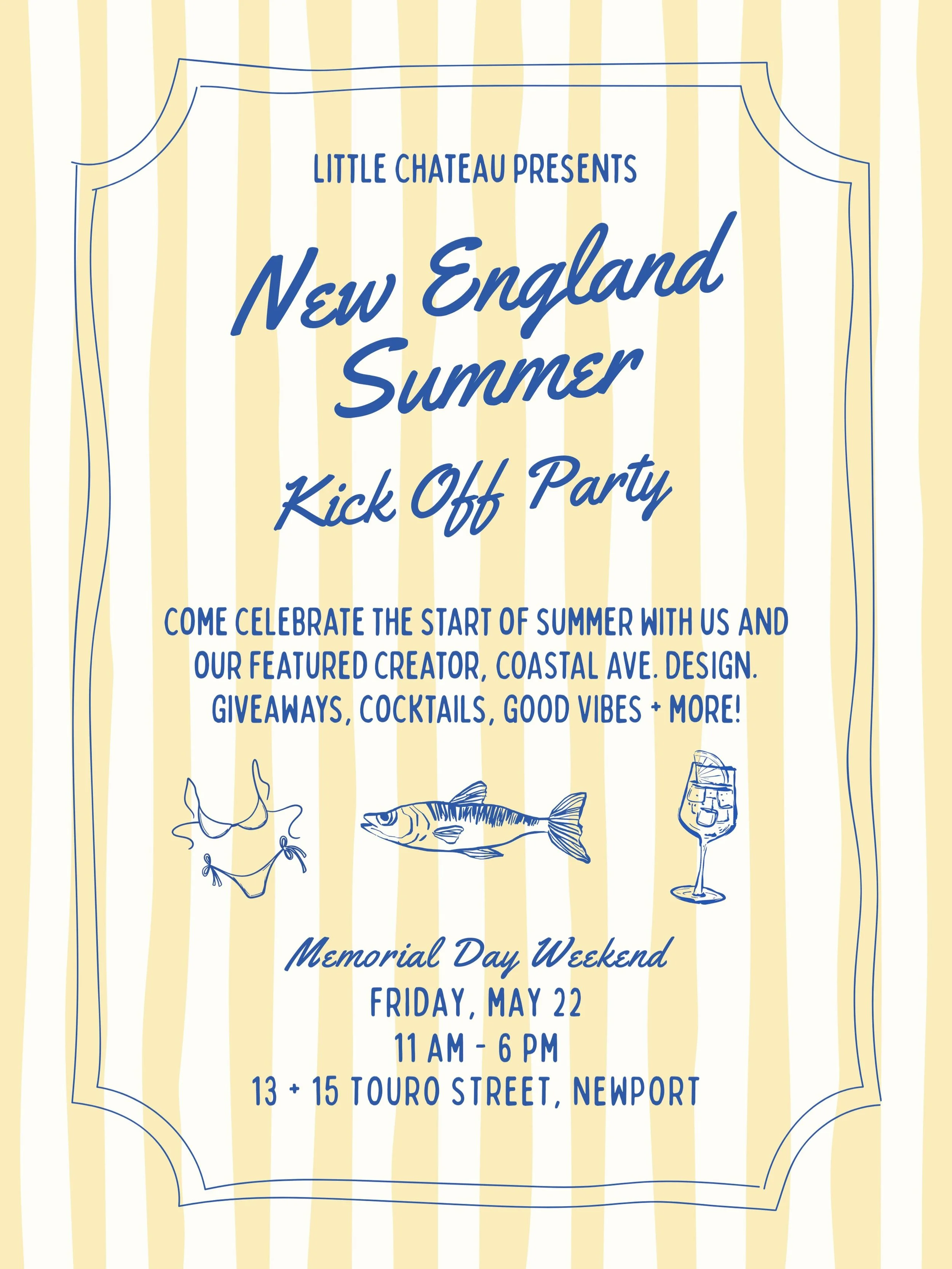 Mark your calendars! 🐚🥂🇺🇸 NEXT FRIDAY, 5/22 &mdash; Our annual New England Summer Kick Off Party at Little Chateau to toast to the best season ahead. Come shop Coastal Ave. Design&rsquo;s pop up all day with us, sip on some fun seasonal refresher