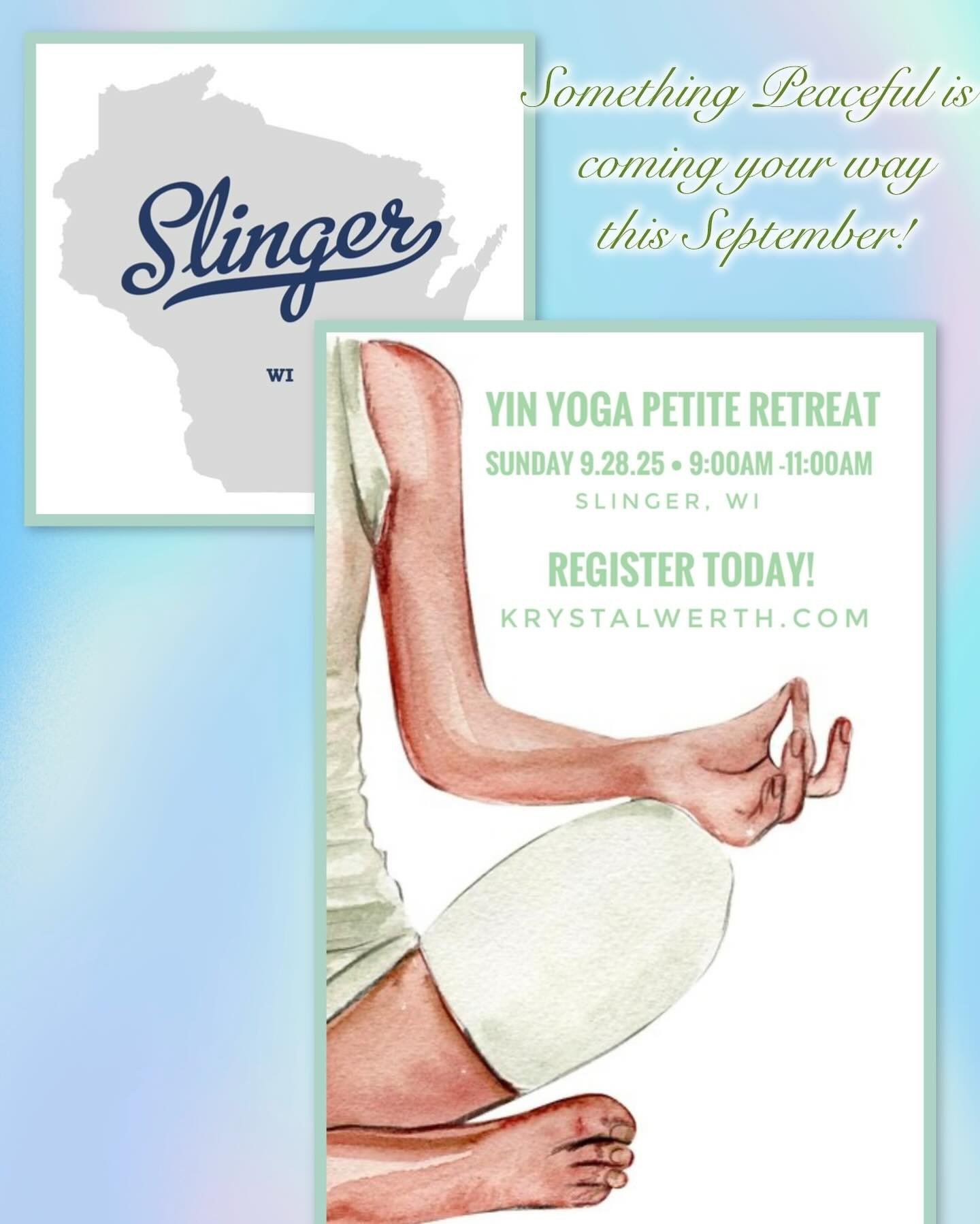 Slinger! 
Something peaceful is coming your way this September! 🍁

Register today to reserve your spot for Our Yin Yoga Petite Retreat for women - includes 🧘&zwj;♀️relaxation, ✌🏻good vibes + jewelry! 💛