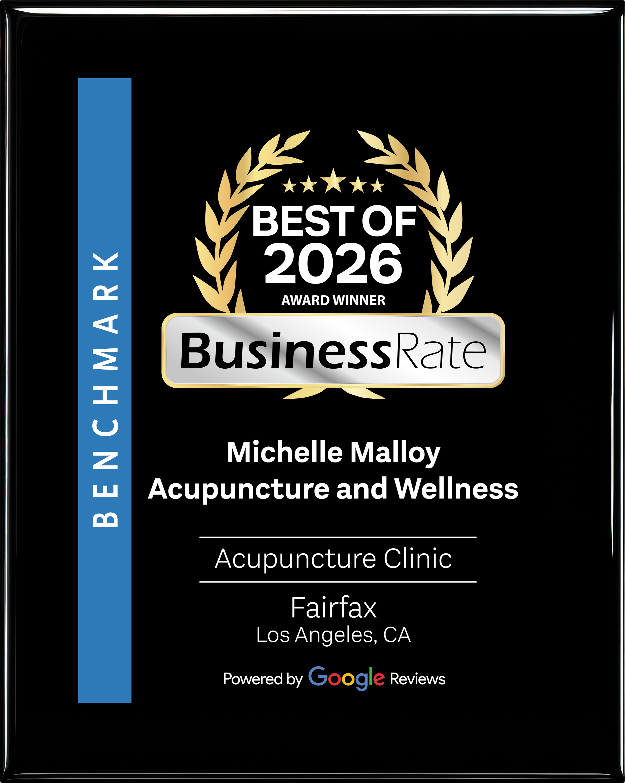 "Best of 2026, Award Winner" for Michelle Malloy  Best Acupuncture clinic, Fairfax, Los Angeles, West Hollywood, Larchmont Village