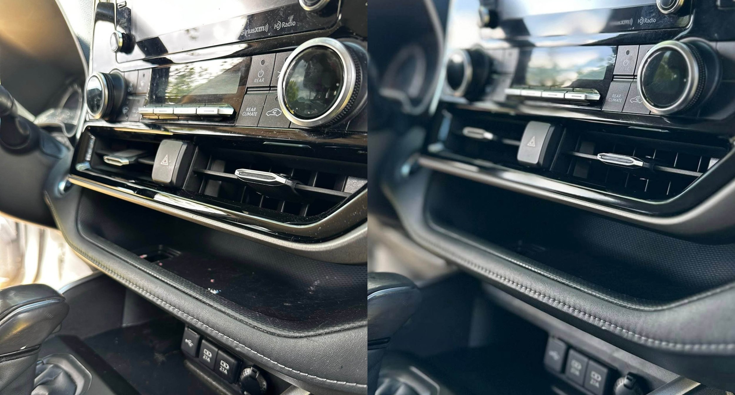 Side-by-side comparison of a car's center dashboard area, showing the lower storage compartment. The left image has dust and debris inside, while the right image is clean and tidy.